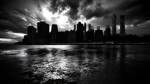 Urban skyline silhouette stands against backlit storm clouds