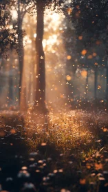 Autumn forest with golden sunlight filtering through falling leaves.