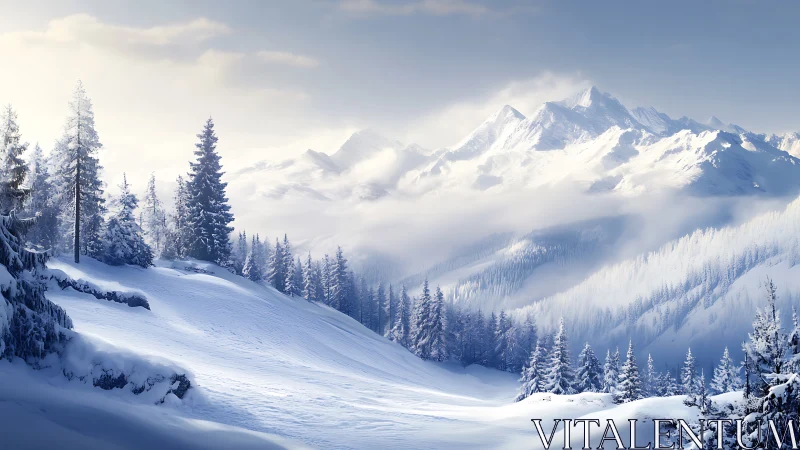 High dynamic range alpine panorama with snow laden conifers