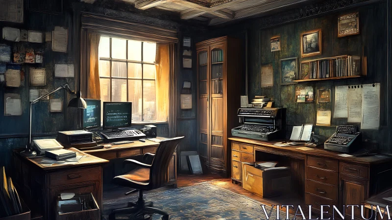 Retro hacker office merges vintage machines with warm light.