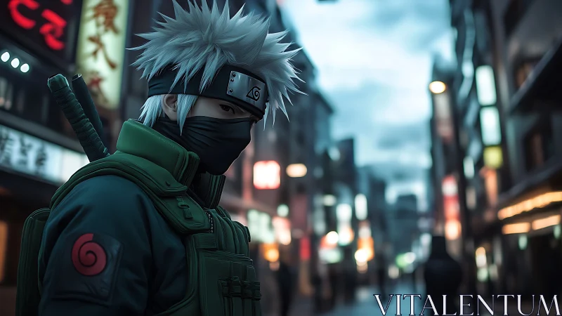 Masked silver-haired ninja in modern neon-lit city street.