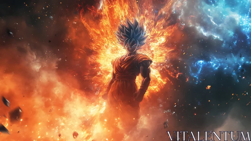 Saiyan warrior ignites cosmic flame against galactic void.