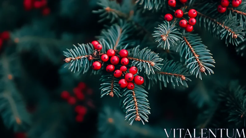 Macro study of evergreen conifer needles with clustered red berries