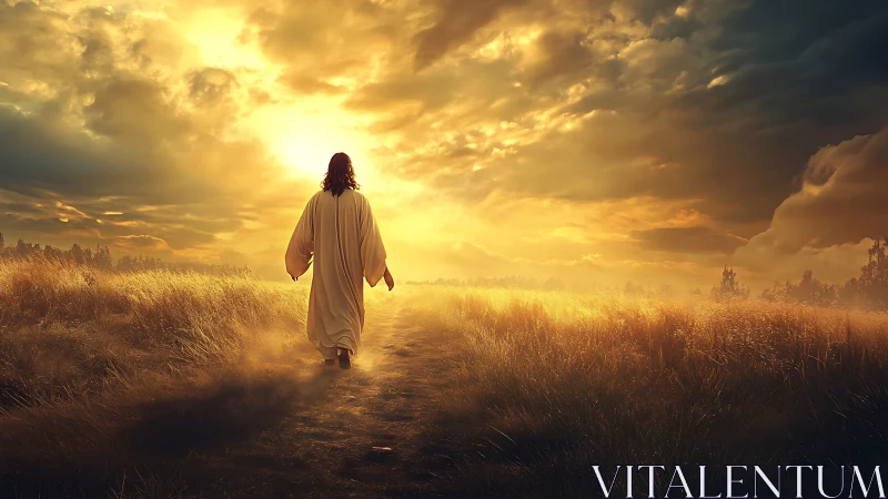 Solitary robed figure walks sunlit path toward radiant sky