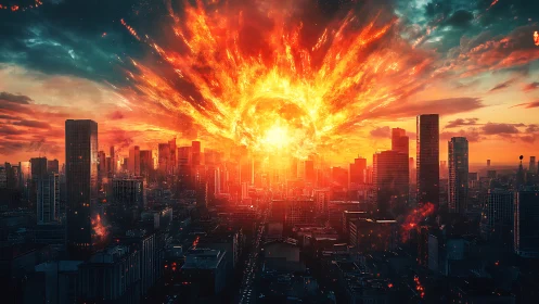 Explosive fiery blast consuming modern city skyline scene.