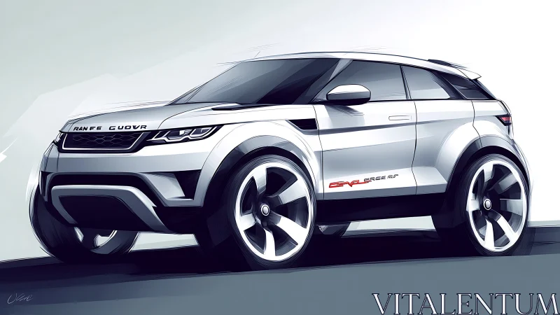 Futuristic silver SUV sketch slices forward through stylized light.