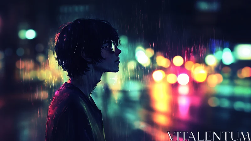 Neon rain dreamer pauses beneath city lights in bloom.
