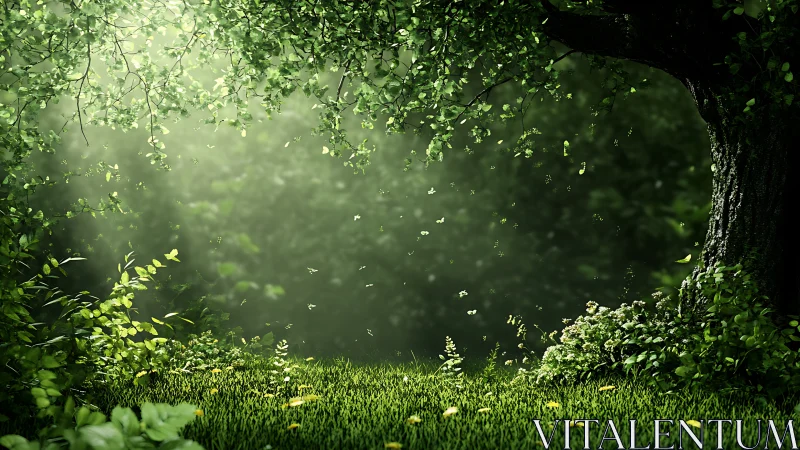 Forest glade with tree frame and particles of light.