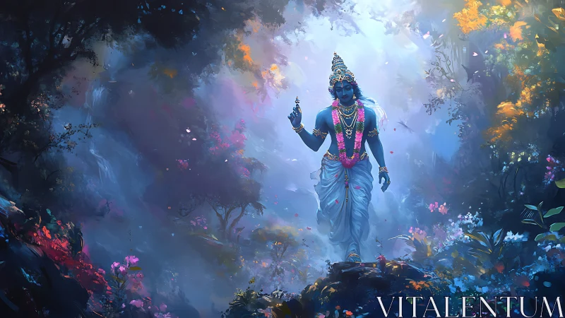 Blue-skinned deity in luminous mystical forest clearing