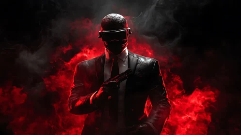 Cybernetic hitman stands in crimson smoke holding pistol