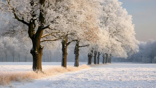 Frosted winter trees line snowfield under soft morning light