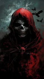 Hooded skeletal wraith in red cloak with atmospheric bats revealed.