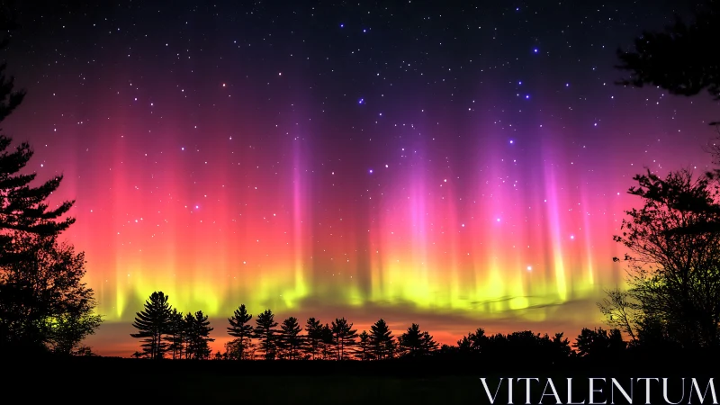 Multicolored aurora bands rise above a dark conifer forest