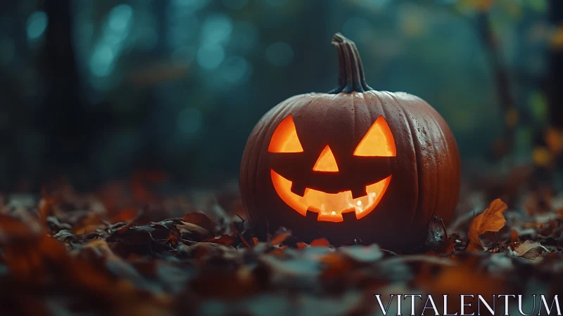 Glowing jack o lantern on wet autumn leaf litter at twilight