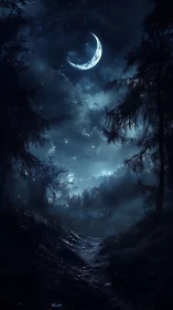 Crescent moonlight guides a misty forest path at midnight