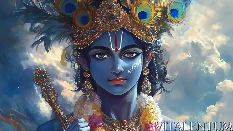 Radiant blue deity with peacock crown in glowing clouds.