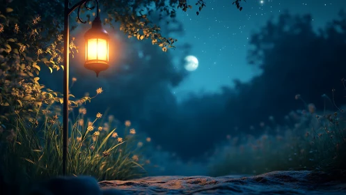 Warm lantern glow on moonlit forest path with bokeh night sky