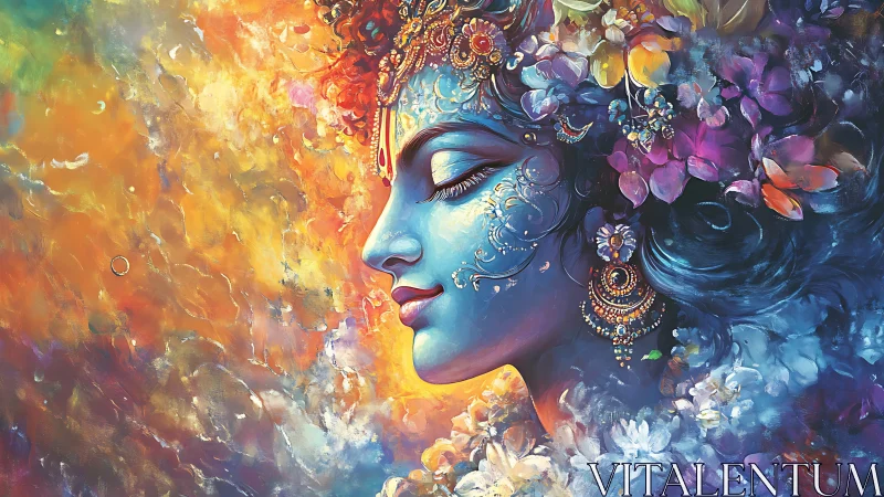 Blue goddess drifts through blooming galaxies of color