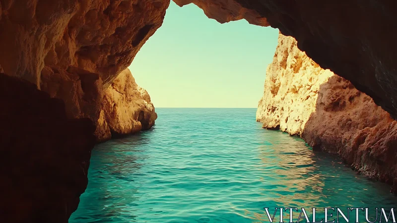 Coastal marine grotto aperture framing turquoise sea horizon.