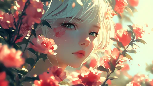 Girl with short white hair framed by pink flowering branches
