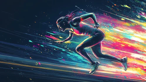 Kinetic vector runner amid chromatic motion streak dynamics.