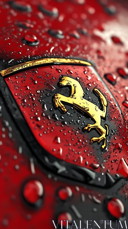 Ferrari prancing horse emblem under glossy rain droplets.
