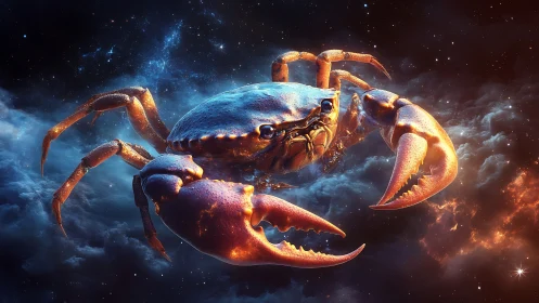 Cosmic crab drifting through glowing nebula tides.