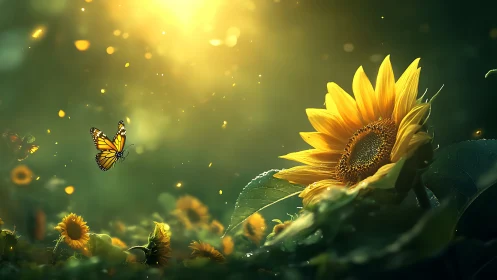 Backlit sunflower field with monarch butterfly in golden bokeh