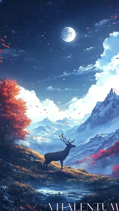 Moonlit stag rests beneath glowing clouds and crimson trees