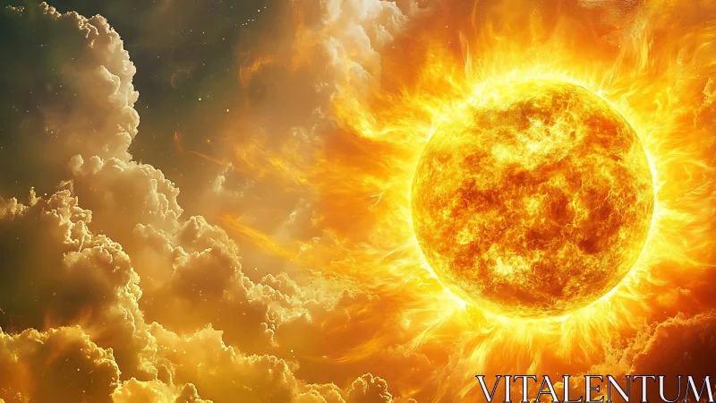 Intense digital sun with bright flares against dense clouds.