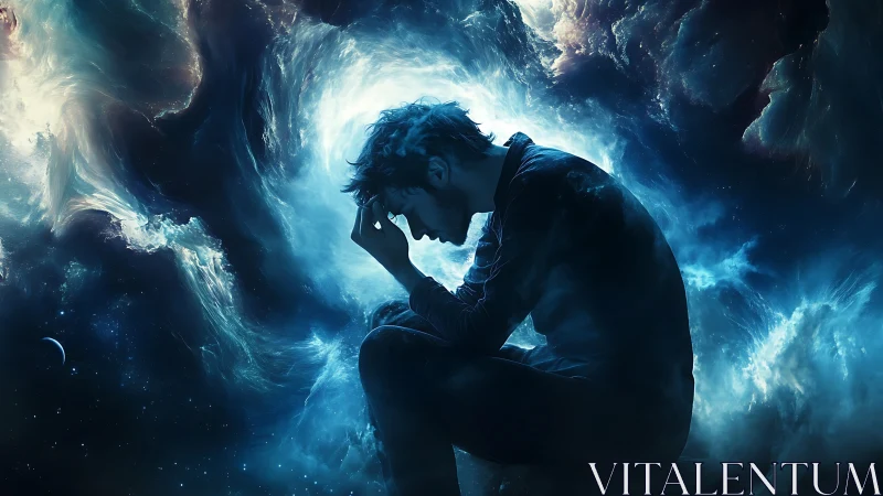 Silhouetted man in cosmic nebula vortex visualizing internal turmoil