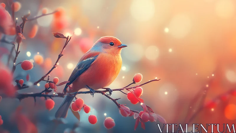 Vibrant orange songbird on berry branch in dreamy soft focus art.