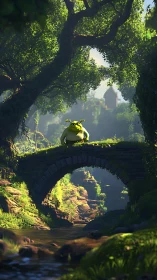 3D fantasy ogre on stone forest bridge in dappled light.
