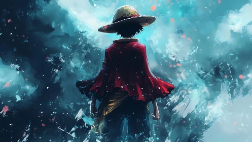 Backlit anime wanderer in red cloak amid turbulent cyan mist