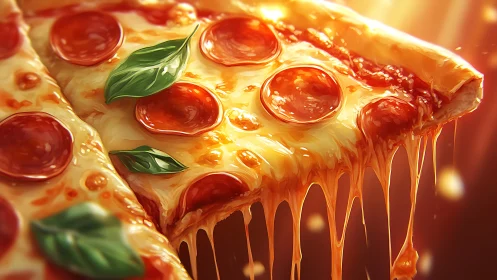 Molten pepperoni pizza slice with basil under warm glow.
