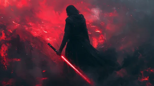 Dark hooded figure with red energy sword in smoky field.