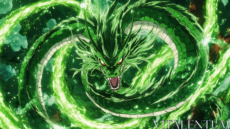 Serpentine green dragon encircled by radial energy rings