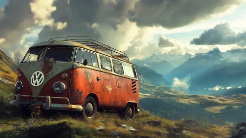Weathered red VW microbus overlooking dramatic alpine valley