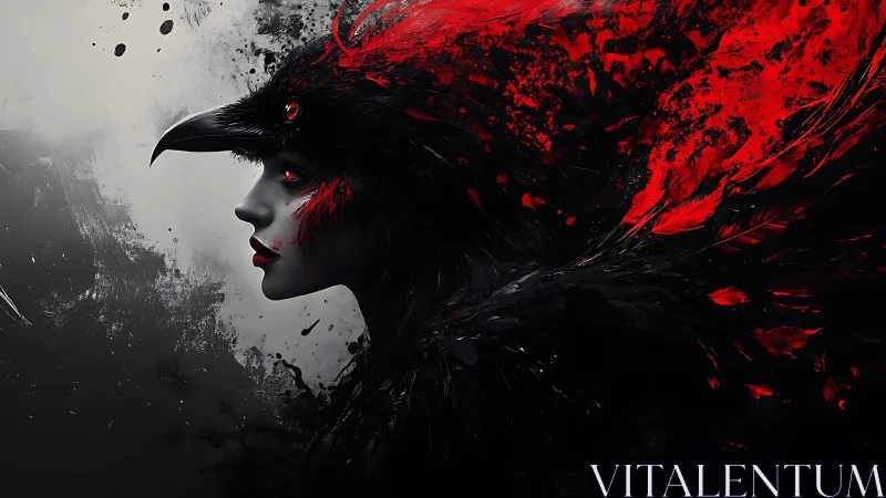 Raven-helmed female profile in red-black abstract plume