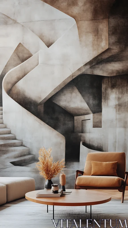Warm living room meets bold stairway mural in cozy balance