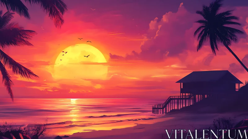 Spectral-gradient tropical sunset with silhouetted stilt house.