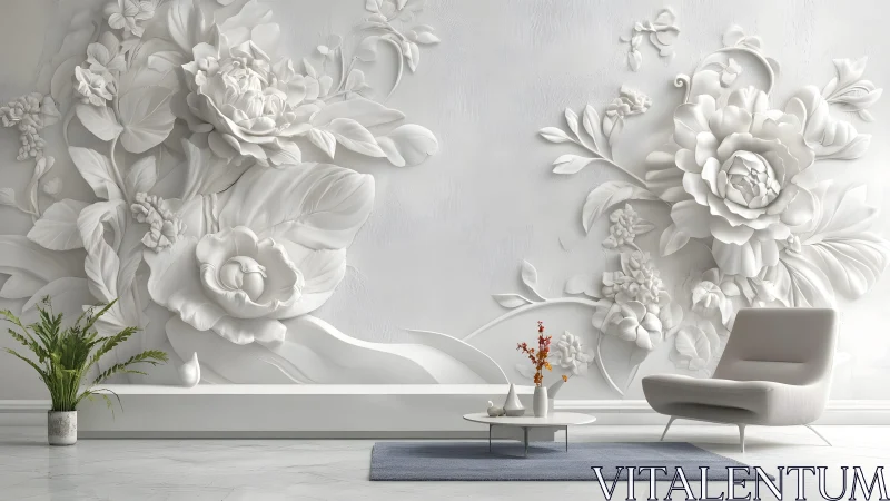 Elegant Modern Living Room with White Floral 3D Wall Art Design.
