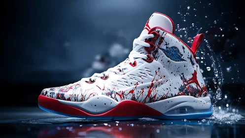 Dynamic red splatter basketball sneaker in dramatic splash scene.