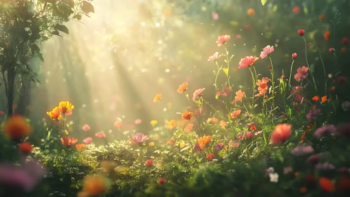 Sunlit Wildflower Meadow Bursting Spring Colors.