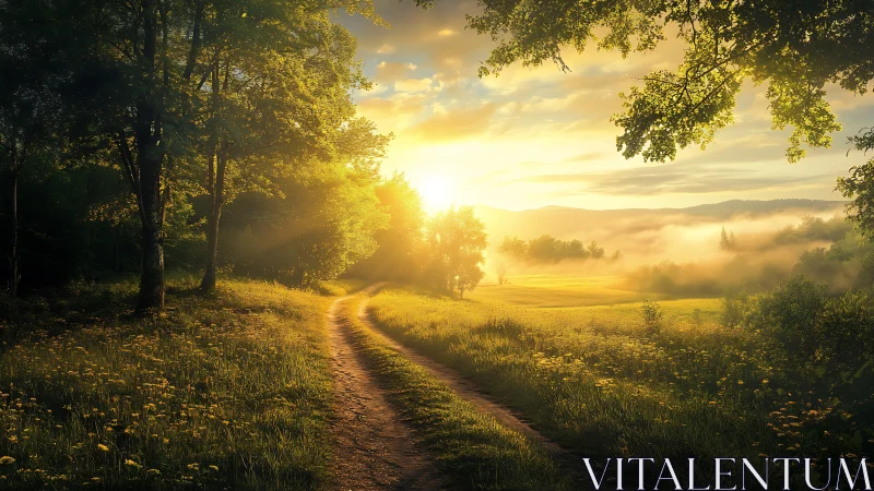Sunlit country path curving through misty summer meadow.