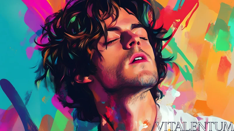 Color-drenched dreamer drifts through a storm of neon brushstrokes