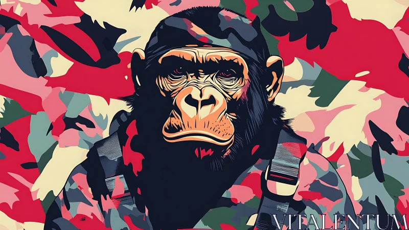 Camouflage-patterned chimpanzee portrait in flat vector style.