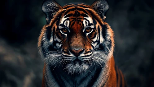 Close-up portrait of tiger with intense direct gaze.