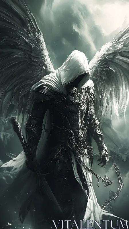Hooded fallen angel in chained armor under stormlit sky.
