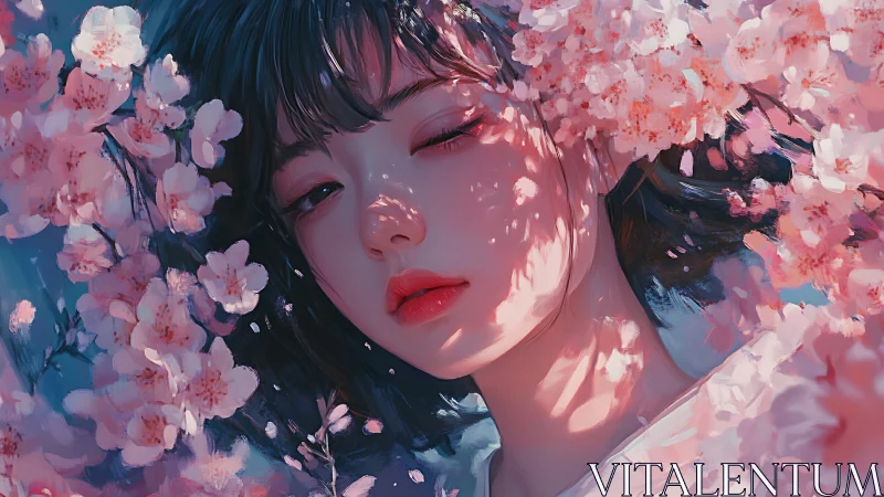 Girl beneath cherry blossoms bathed in dappled spring light.